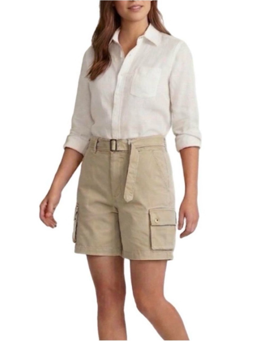 NWOT 12 Lauren Ralph Lauren Women’s Cotton High-Rise Belted Cargo Shorts Khaki